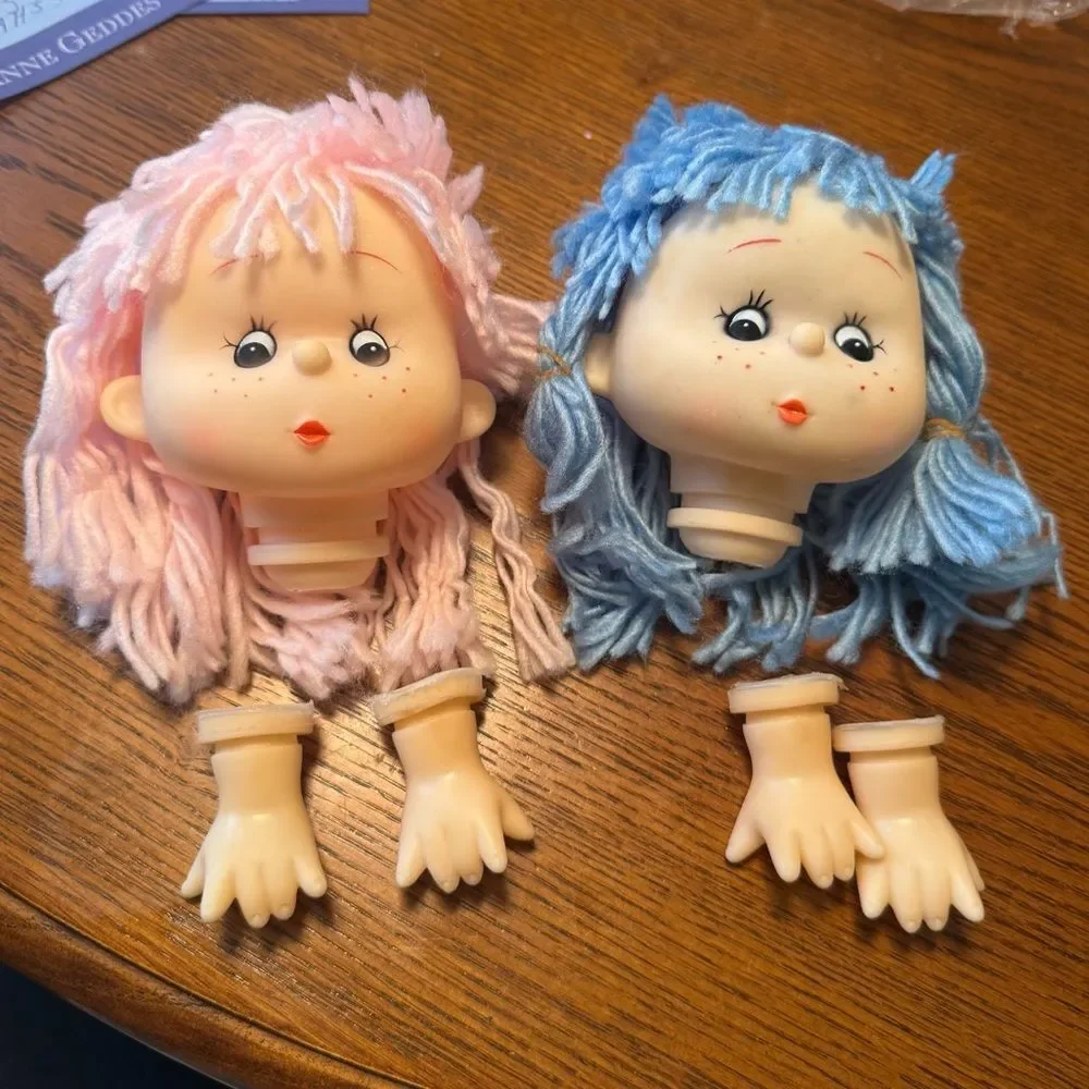 Vintage Mitzy Yarn Hair Freckled Doll Heads and Hands Set of Two New Old Stock